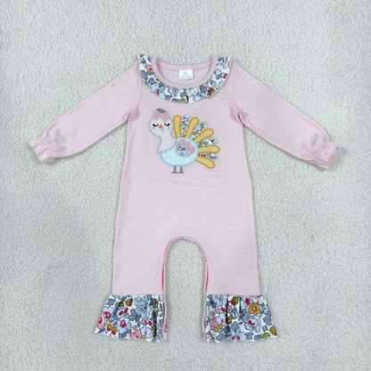 Sibling Baby Girls Embroidery Flowers Turkey Flare Pant Thanksgiving Set Pant Rompers
