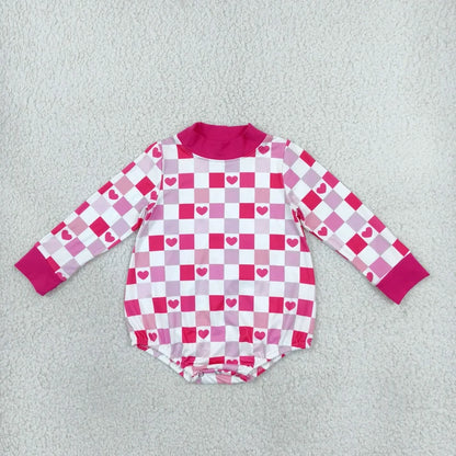 Sibling Baby Girls Pink Checked Hearts Mock Neck Top Pockets Flare Pant Valentines Set Rompers