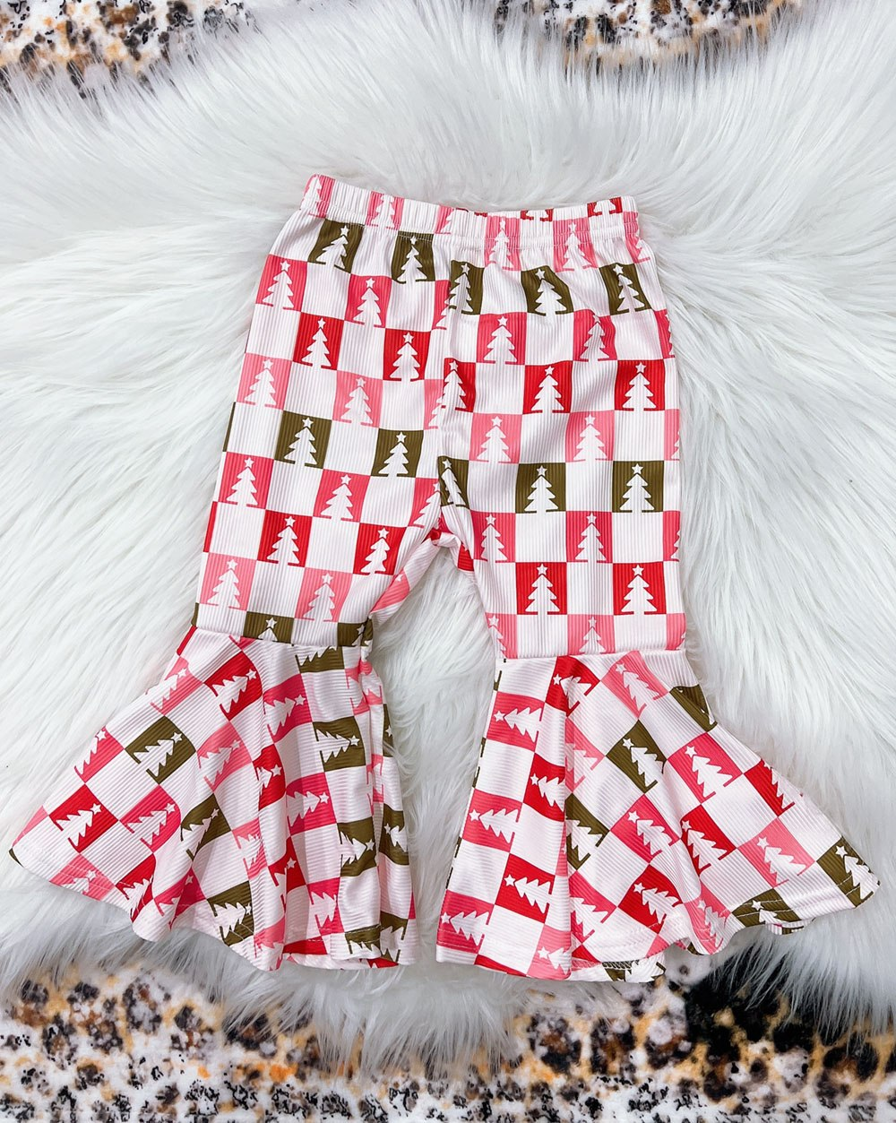 Baby Girls Pants Christmas Checkered Trees Bell Bottom Pants Preorder P0595