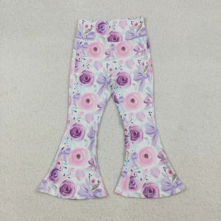 Baby Girls Pants Purple Flower Bows Bell Bottom Yoga Pants P0774 9.20
