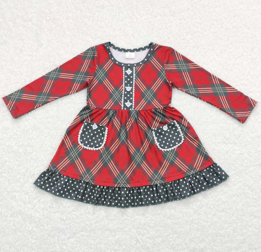 Baby Girls Dress Christmas Red Green Checkered Pockets Knee Length Dresses GLD0424