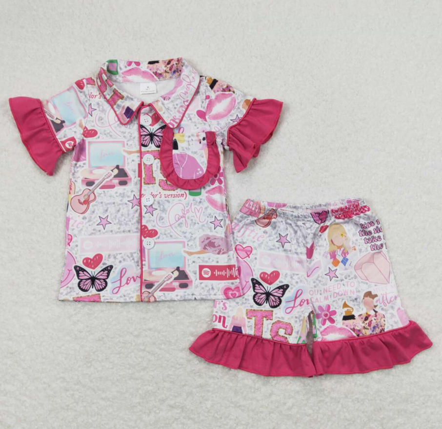 New Fashion Baby Girls Pajamas Pink Buttons Shirts Shorts Pajamas Sets GSSO0737