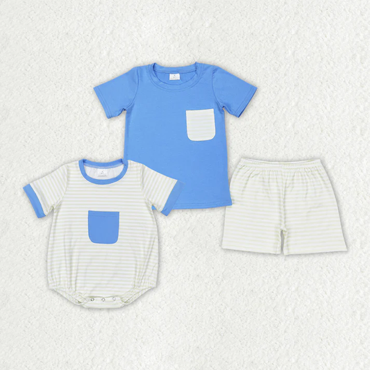 Baby Boys Clothes Blue Pocket Sibling Brother Clothing Rompers Clothes Sets BSSO0985