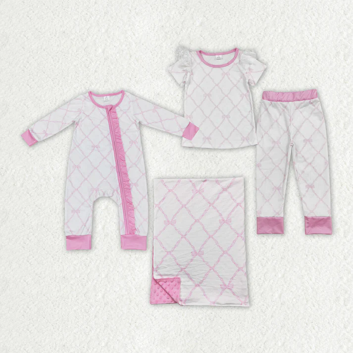 Baby Girls Bamboo Pajamas Pink Bows Sibling Rompers Bamboo Pajamas Blankets GSPO1517