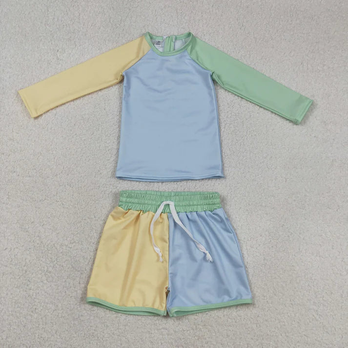 Sibling Baby Kids Patchwork Long Sleeve Back Zip Top Bummies Short Swimsuits