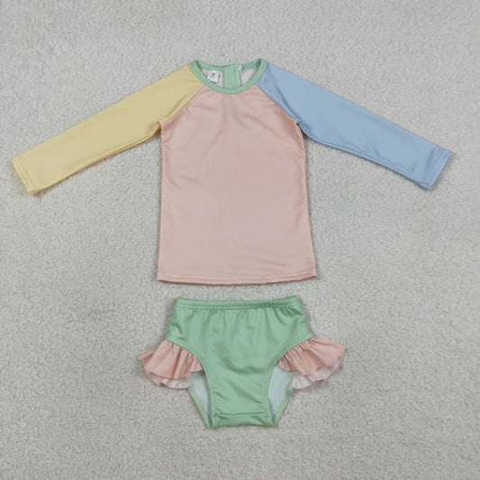 Sibling Baby Kids Patchwork Long Sleeve Back Zip Top Bummies Short Swimsuits