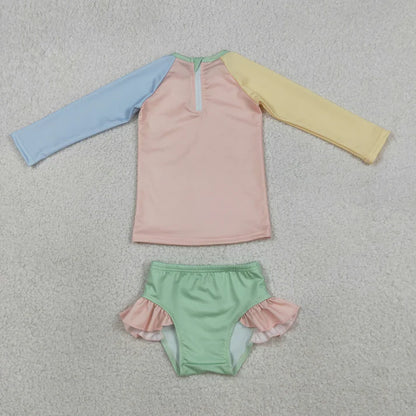 Sibling Baby Kids Patchwork Long Sleeve Back Zip Top Bummies Short Swimsuits