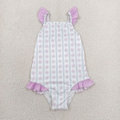 Sibling Baby Girls Lavender Flowers Stripe Swimsuits