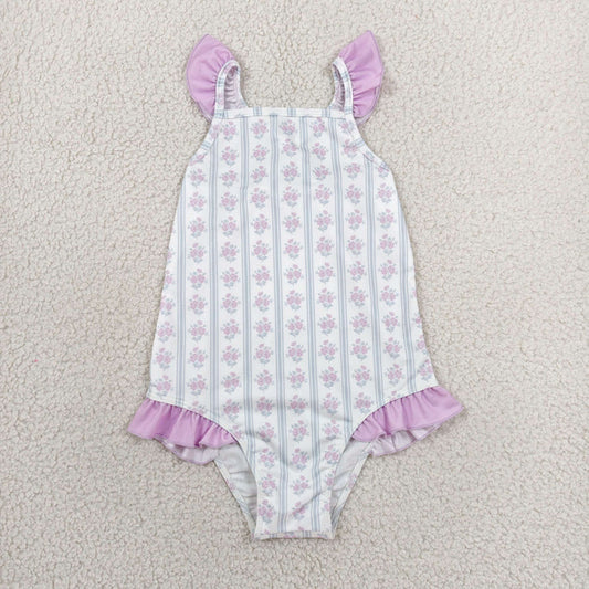Sibling Baby Girls Lavender Flowers Stripe Swimsuits
