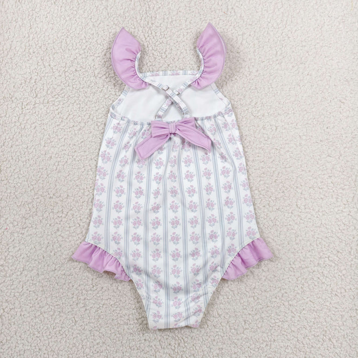 Sibling Baby Girls Lavender Flowers Stripe Swimsuits