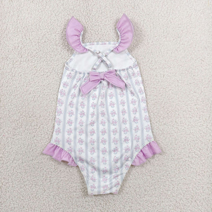 Sibling Baby Girls Lavender Flowers Stripe Swimsuits