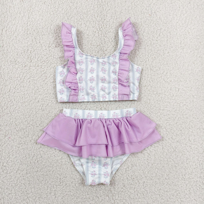 Sibling Baby Girls Lavender Flowers Stripe Swimsuits