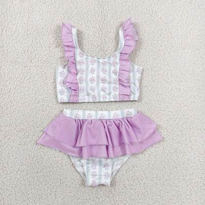 Sibling Baby Girls Lavender Flowers Stripe Swimsuits