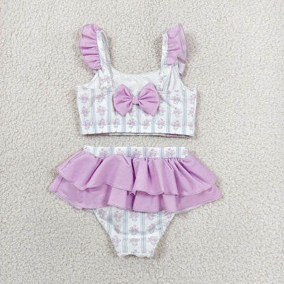 Sibling Baby Girls Lavender Flowers Stripe Swimsuits
