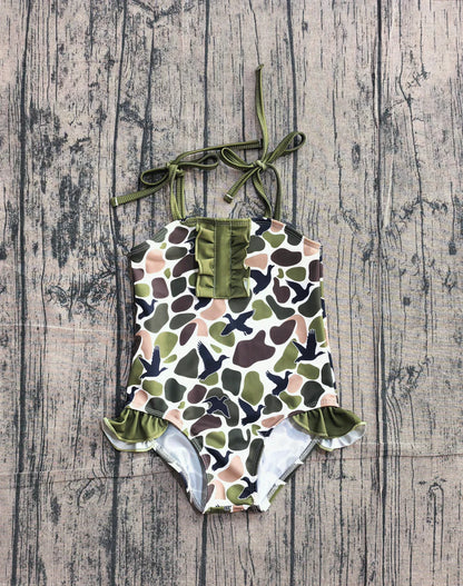 Baby Girls Strap Southern Green Camo Ducks Hunting Swimsuits Preorder S0744