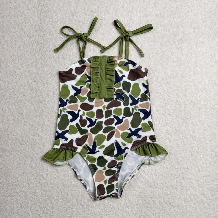Sibling Baby Kids Green Brown Ducks Camo Hunting Romper Swimsuits