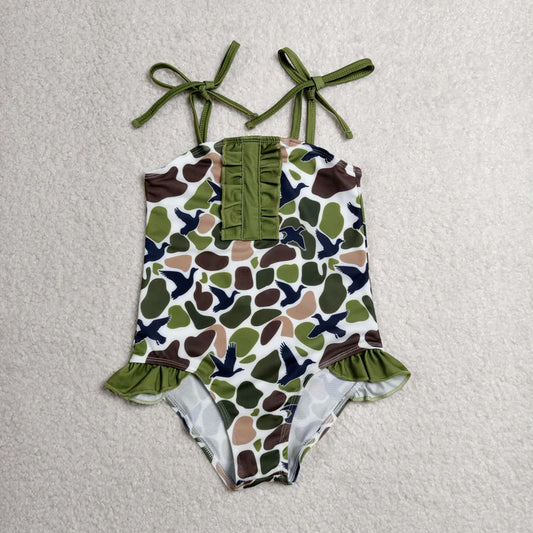 Sibling Baby Kids Green Brown Ducks Camo Hunting Romper Swimsuits