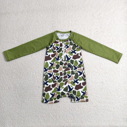 Sibling Baby Kids Green Brown Ducks Camo Hunting Romper Swimsuits
