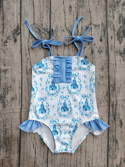 Baby Girls Strap Blue Stripe Bows Castles Swimsuits Preorder S0753