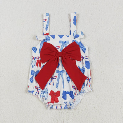 Sibling Baby Girls Strap Western Cows 4th of July Bow Top Ruffle Rompers