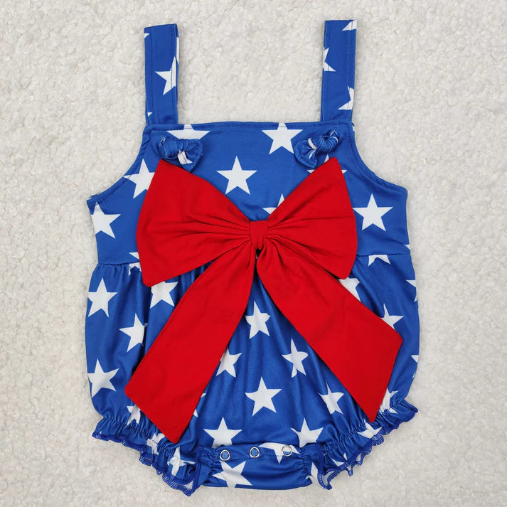 Sibling Baby Girls Strap Western Cows 4th of July Bow Top Ruffle Rompers