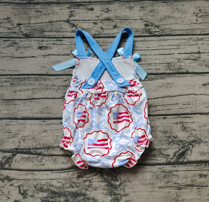 Baby Infant Girls Rompers Blue Bows Flag Straps Rompers Preorder SR2691
