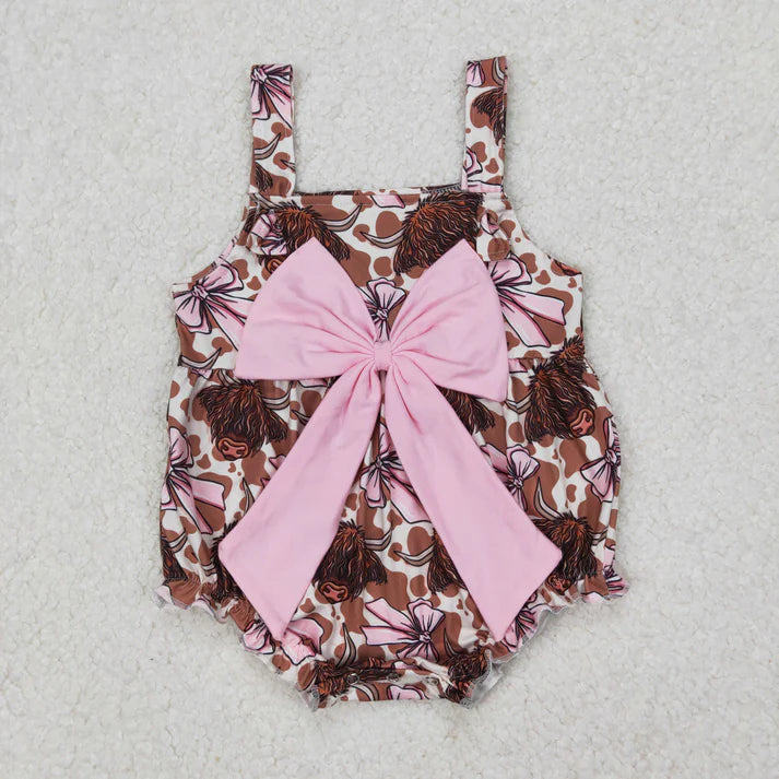 Sibling Baby Girls Strap Western Cows 4th of July Bow Top Ruffle Rompers