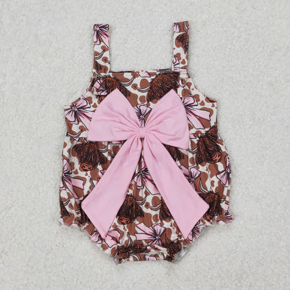 Sibling Baby Girls Strap Western Cows 4th of July Bow Top Ruffle Rompers