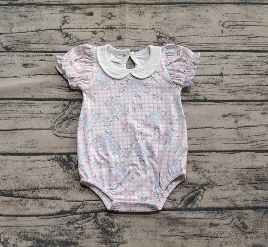 Baby Infant Girls Rompers Pink Checkered Flowers Short Sleeve Rompers preorder SR2878 3.12
