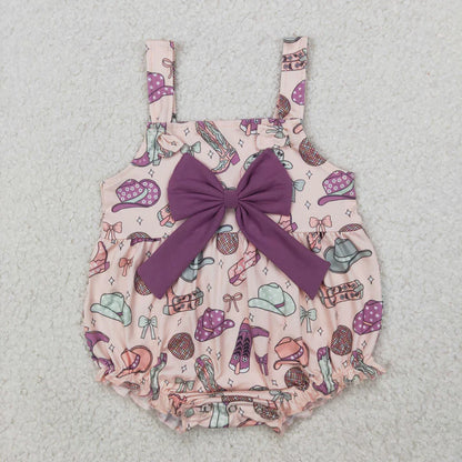 Sibling Baby Girls Strap Western Cows 4th of July Bow Top Ruffle Rompers