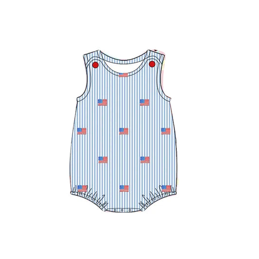 Baby Boys Rompers Blue Stripe Flutter Sleeves Flags Bow Top 4th Of July Rompers Preorder SR2928 3.4