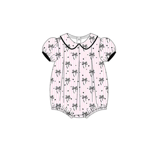 Baby Infant Girls Rompers Short Ruffle Sleeves Pink Stripe Black Bows Ruffle Rompers Preorder SR2932 3.6