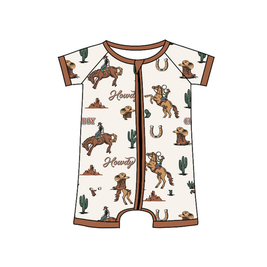 Baby Infant Boys Rompers Brown Short Sleeves Horse Rodeos Cactus Zipper Rompers Preorder SR2971 3.14