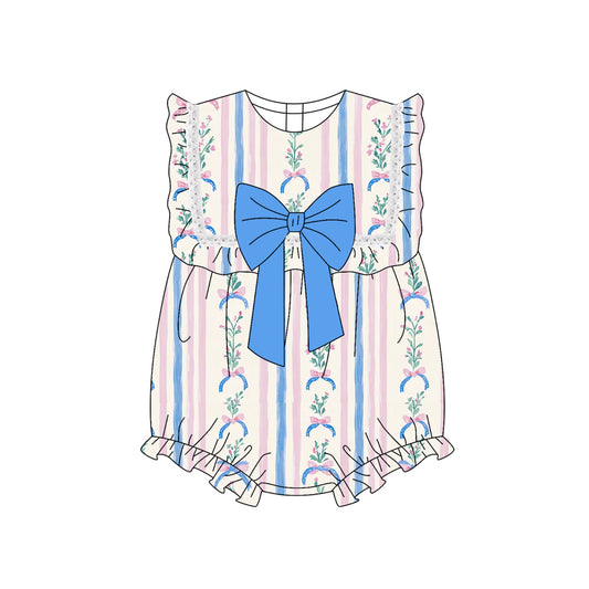 Baby Girls Rompers Floral Stripe Blue Bow Ruffle Rompers Preorder SR3045 3.27