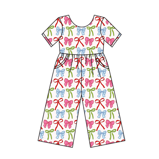 Baby Girls Jumpsuits Short Sleeves Pink Blue Green Bows Plaid Pockets Pant Jumpsuits Preorder SR3145 5.30