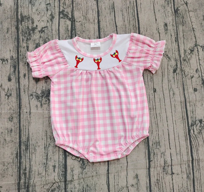Embroidery Crayfishes Baby Girls Pink Checked Ruffle Rompers Preorder 10.25