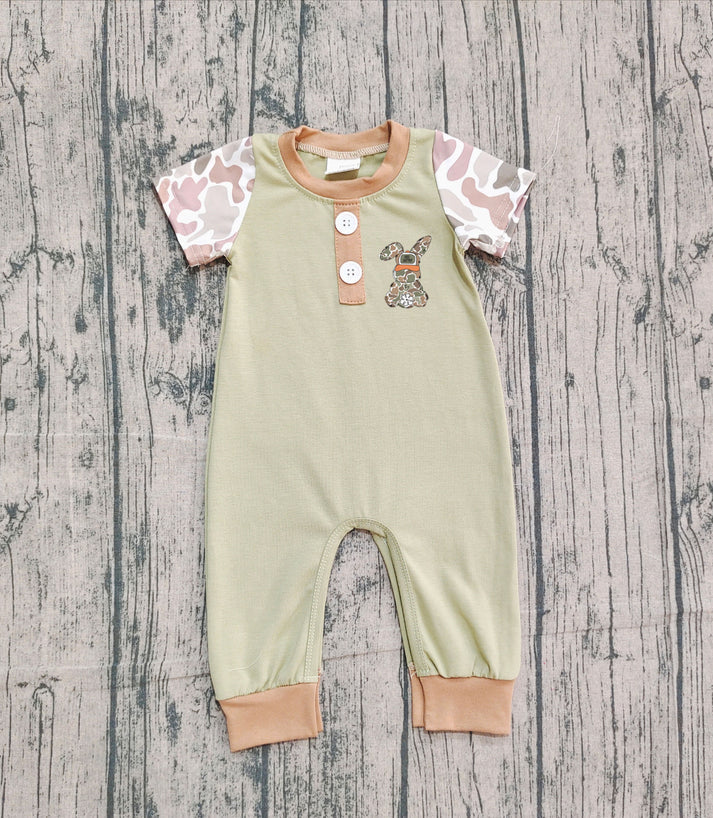 Embroidery Camo Rabbit Baby Boys Button Easter Footie Rompers Preorder 10.25