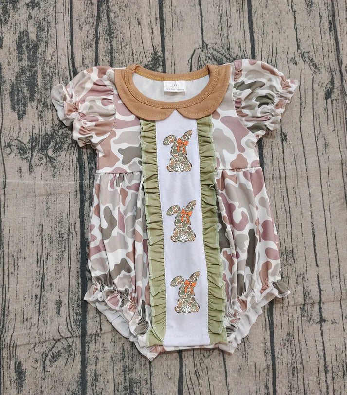 Embroidery Camo Rabbit Baby Girls Easter Ruffle Collar Rompers Preorder 10.25