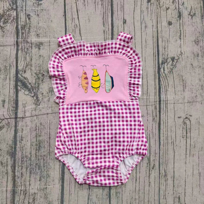 Embroidery Fishing Baby Girls Pink Checked Strap Hunting Ruffle Rompers Preorder SR3414 11.15