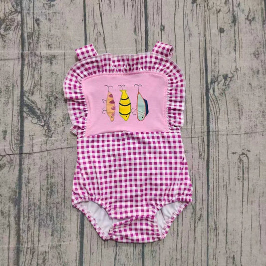 Embroidery Fishing Baby Girls Pink Checked Strap Hunting Ruffle Rompers Preorder SR3414 11.15