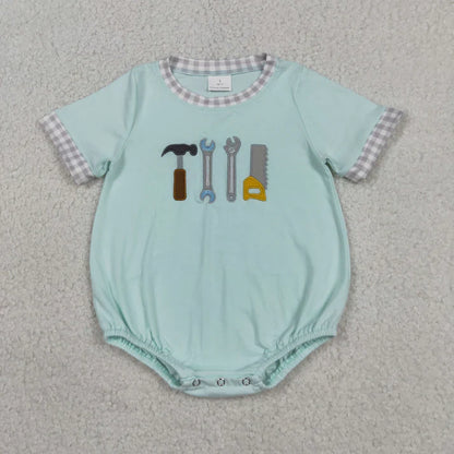 Sibling Baby Boys Embroidery Tools Top Checked Pockets Short Clothes Set Rompers
