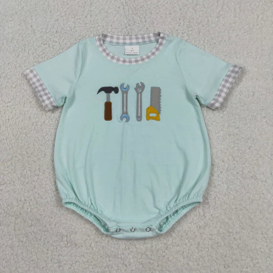Sibling Baby Boys Embroidery Tools Top Checked Pockets Short Clothes Set Rompers