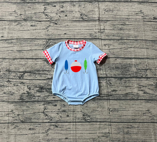 Embroidery Fishing Baby Boys Blue Short Sleeve Hunting Rompers Preorder 1.14