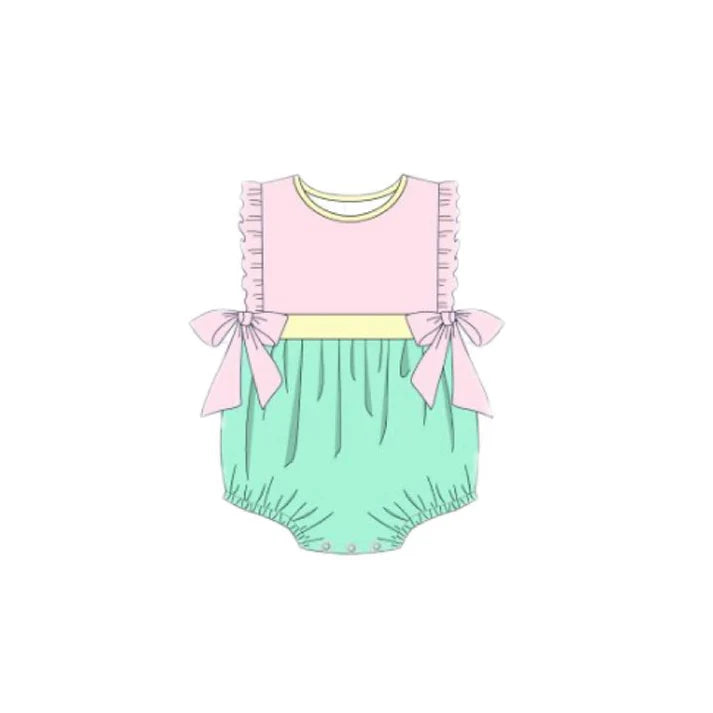 Baby Girls Sleeveless Pink Yellow Aqua Bows Ruffle Rompers Preorder 11.20