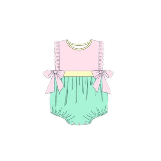 Baby Girls Sleeveless Pink Yellow Aqua Bows Ruffle Rompers Preorder 11.20