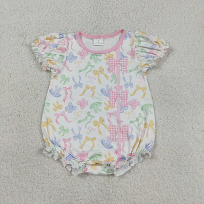 Sibling Baby Girls Short Ruffle Sleeve Colorful Bows Scallop Knee Length Dress Rompers
