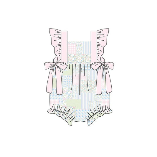 Baby Girls Pink Flutter Sleeve Bows Flowers Checked Ruffle Rompers Preorder 11.20