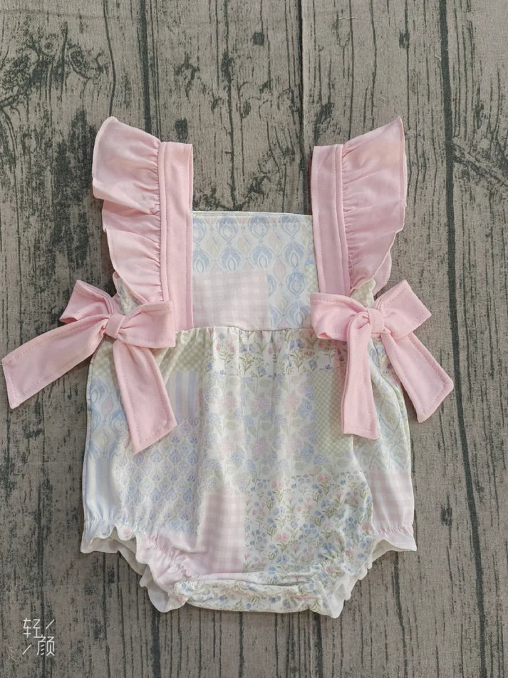 Baby Girls Pink Flutter Sleeve Bows Flowers Checked Ruffle Rompers Preorder 1.14