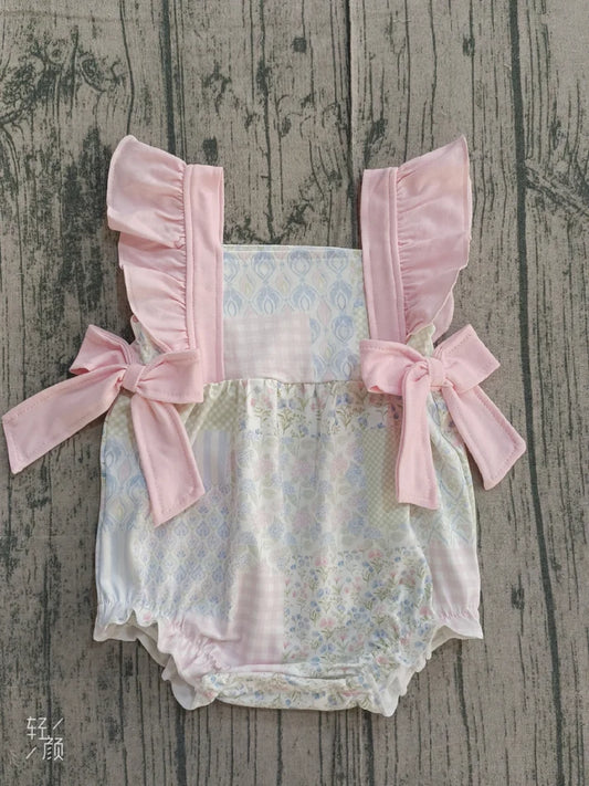 Baby Girls Pink Flutter Sleeve Bows Flowers Checked Ruffle Rompers Preorder 1.14