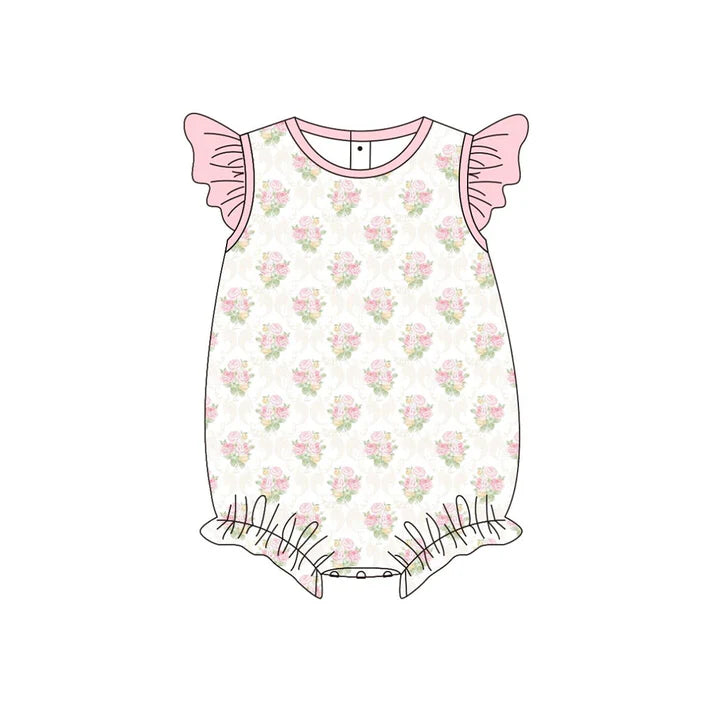 Baby Girls Flutter Sleeve Flowers Checked Ruffle Rompers Preorder 11.20
